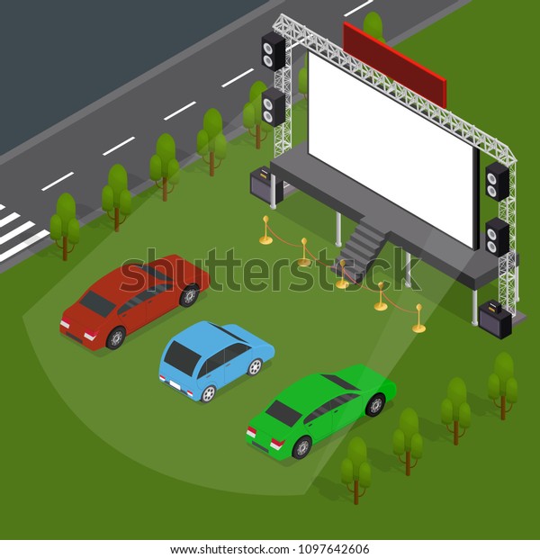 Open Air Cinema Concept Card 3d Isometric View\
Include of People, Car Outdoor Summer Night Leisure. Vector\
illustration of Movie\
Festival