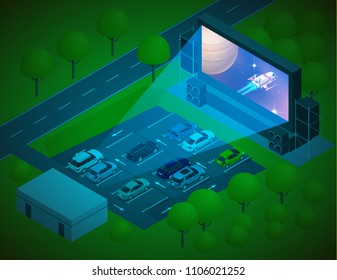 Open air cinema concept. Watching movies outdoors in the city parking lot on a warm summer evening. Isometric vector illustration