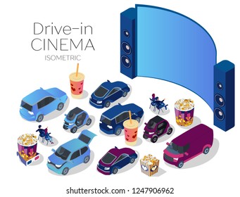 Open air cinema concept. Watching movies outdoors in the city parking lot on a warm summer evening. Isometric vector illustration