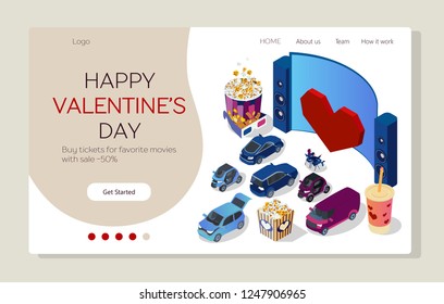 Open air cinema concept. Watching movies outdoors in the Valentine's Day. Dating in car, couple in love. Isometric vector illustration web page template