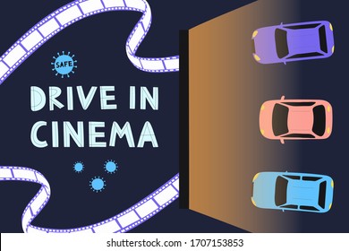 Open air cinema concept. Watching movies outdoors in the city parking lot  evening. Safe Cinema.  Flat vector illustration