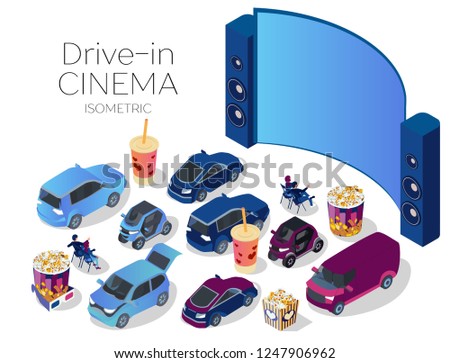Open air cinema concept. Watching movies outdoors in the city parking lot on a warm summer evening. Isometric vector illustration