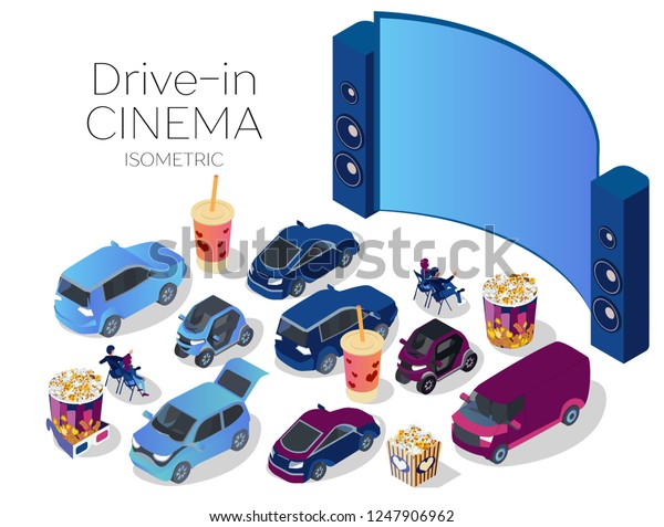 Open air cinema concept. Watching movies\
outdoors in the city parking lot on a warm summer evening.\
Isometric vector\
illustration