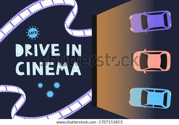 Open
air cinema concept. Watching movies outdoors in the city parking
lot  evening. Safe Cinema.  Flat vector
illustration