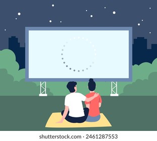 Cita de cine al aire libre. Pareja esperando el comienzo de la película, citas por la noche en el parque de la ciudad. Descanso y Ocio, diversión plana en la naturaleza escena reciente del Vector