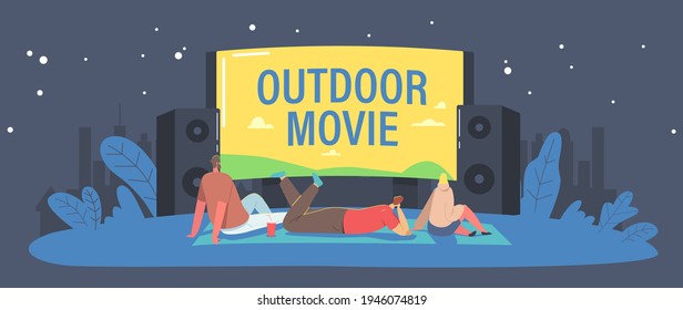 Open Air Cinema at House Backyard or City Park Concept. Characters Spend Night with Friends at Outdoor Movie Theater. People Watching Film on Big Screen with Sound System. Cartoon Vector Illustration