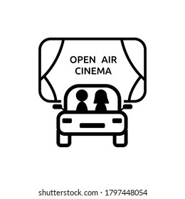 Open Air Cinema Icon For Cars With People. The Car Is Parked In Front Of A Large Screen On Which A Film Is Shown. Logo On A White Background. Vector