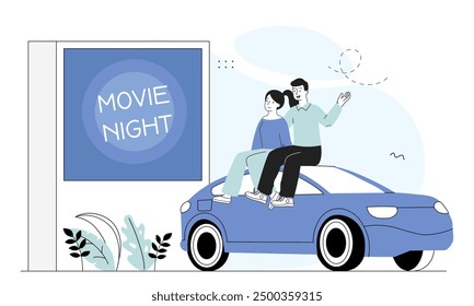 Cine al aire libre. Hombre y mujer sentados en el coche azul y viendo películas y series de televisión. Ocio y Ocio al aire libre. Cita romántica. Ilustración vectorial lineal aislada sobre fondo blanco