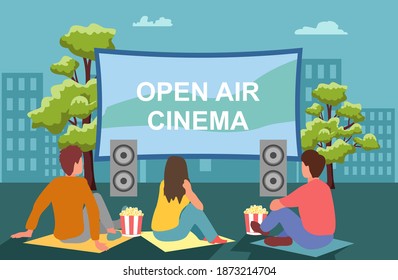 Open Air Cinema. Movie Night With Friends. Watching Film On Big Screen With Sound System. Open Air Cinema, Outdoor Movie Theater, Backyard Theater Gear Concept. Outdoor Relax.