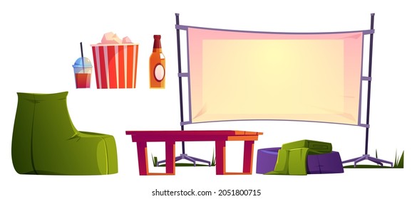 Open Air Cinema On Backyard Or Public Park With Big Screen, Chairs And Table. Vector Cartoon Set Of Equipment For Outdoor Movie Theater On Summer Lawn Isolated On White Background