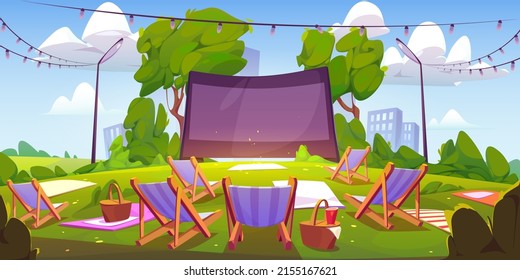Open air cinema on green lawn in city park, garden or backyard. Vector cartoon summer landscape with empty outdoor movie theater with big screen, chaises, picnic baskets and blankets on grass