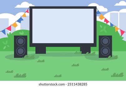 Cine al aire libre en césped verde en el parque de la ciudad o Ilustración vectorial plana del patio trasero. Cine al aire libre vacío con pantalla grande y altavoces en el césped en el día de verano. Concepto de entretenimiento