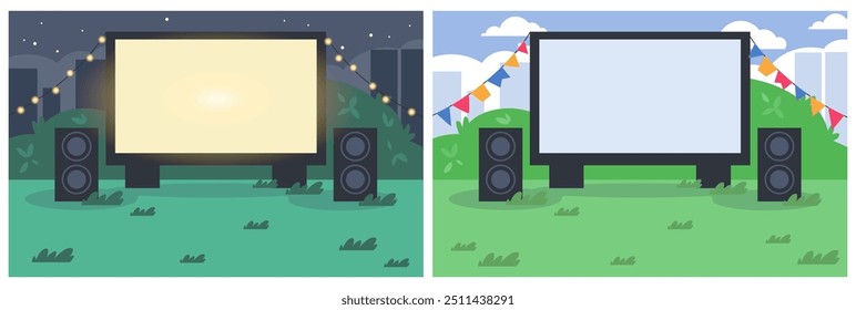 Open air cinema on green lawn in city park or backyard flat vector illustrations set. Empty outdoor movie theater with big screen at night and day. Entertainment concept. Film premiere outside