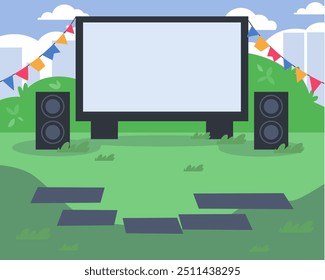 Open air cinema on green lawn in city park, garden or backyard flat vector illustrations set. Empty outdoor movie theater with big screen and blankets on grass at summer day. Entertainment concept