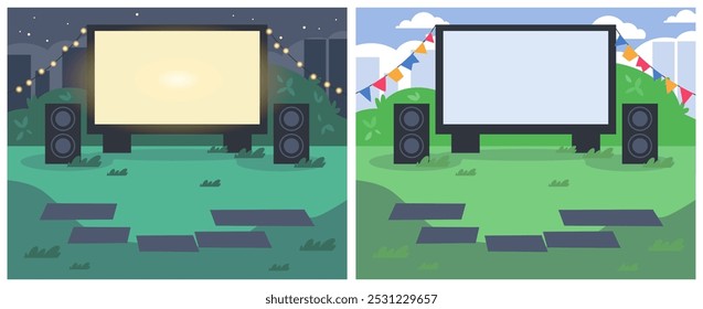 Open air cinema on green lawn in city park or backyard flat vector illustrations set. Empty outdoor movie theater with big screen and blankets on grass at night and day. Entertainment concept