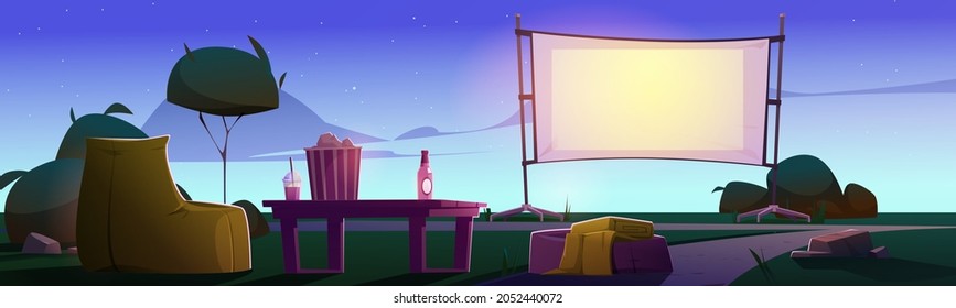 Open Air Cinema On Lawn With Big Screen, Chairs And Table At Evening. Vector Cartoon Illustration Of Backyard Or Public Park With Equipment For Outdoor Movie Theater At Summer Night