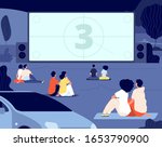 Open air cinema. Outdoor relax, car movie night. Friends rest backyard with snacks, screen. Dating couples watch movie vector illustration
