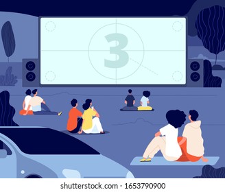Open Air Cinema. Outdoor Relax, Car Movie Night. Friends Rest Backyard With Snacks, Screen. Dating Couples Watch Movie Vector Illustration