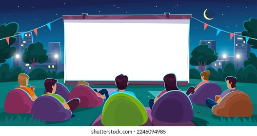 Open air cinema with people sitting on a lawn watching a movie on a big white projector screen. Friends on a movie night with popcorn in a park outside a city. Cartoon style vector illustration. - Shutterstock ID 2246094985