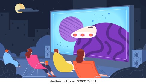 Open air cinema. People watching movie on billboard screen city park or backyard lawn, night outdoor theatre show film to audience summer evening event vector illustration of movie screen outdoor