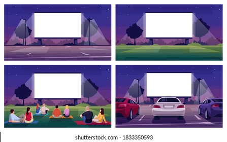 Open air cinema place semi flat vector illustration set. Large blank screen for film projection. Parking lot. Crowd watch movie. Urban movie festival 2D cartoon scenery for commercial use collection