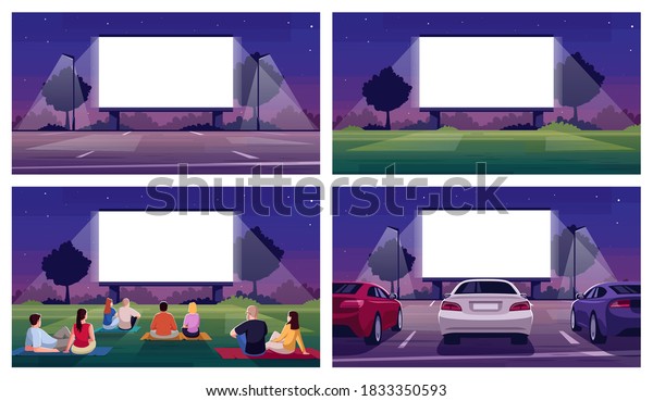 Open air cinema place semi flat vector\
illustration set. Large blank screen for film projection. Parking\
lot. Crowd watch movie. Urban movie festival 2D cartoon scenery for\
commercial use collection