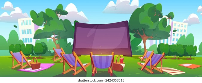 Cine al aire libre en el parque de la ciudad de verano. Ilustración vectorial de dibujos animados de la zona de relax al aire libre en el jardín público con pantalla de cine, salones para sillas, cestas de picnic en el césped, paisaje urbano moderno con rascacielos