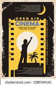 Open air cinema vintage poster vector design. Outdoor cinema retro flyer with film strip and child silhouette reaching the moon in negative space. Movie industry graphic illustration.