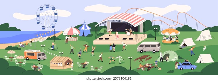 Open air concert in amusement park. Landscape with music festival: musicians on stage, crowd, food trucks, camp. Happy people have fun outdoors, dance in event in nature. Flat vector illustration