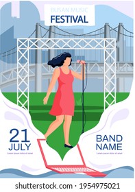 Open air concert in outdoor summer music festival in South Korean city Busan with cityscape vector