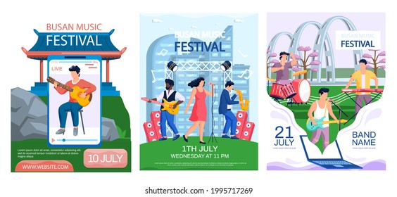 Open air concert in outdoor summer music festival in South Korean city Busan with cityscape promotional banners set. People members of musical group plays music, advertising web page announcement