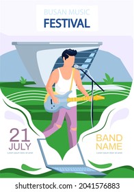 Open air concert in outdoor summer music festival in South Korean city Busan natural landscape promotional banner. Man guitar player member of musical group plays music in city, advertising poster