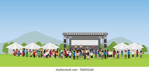 Open Air Concert In Outdoor Summer Music Festival With Mountain Background Vector