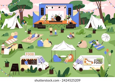 Open air festival with band on stage, food trucks and people relaxing by musicians. Vector weekends fun and rest in tents. Location for music event, concert of professional groups performers