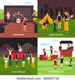 Open air festival design concept with flat people characters dancing playing music relaxing in camping park vector illustration