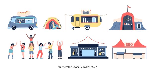 Open air festival elements. Food truck, stage and bbq zone with equipment. Happy hippie club friends, guy with tent, recent flat vector icons