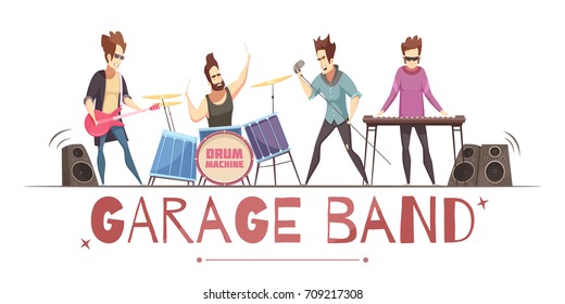 Open air festival garage band performance retro cartoon banner with singer guitarist drummer and amplifiers vector illustration 