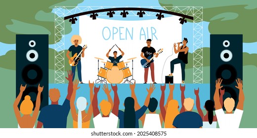 Open air festival horizontal banner with musicians on stage and fans flat vector illustration