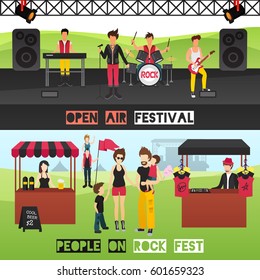 Open air festival horizontal banners set with musicians on performance venue drinks souvenir stall and visitors vector illustration