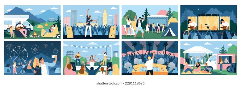 Open air festival icons set with music bands performing outside isolated vector illustration