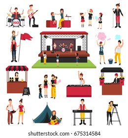 Open air festival isolated icons collection with human characters of fest visitors families musicians soda jerks vector illustration 