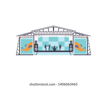 Open Air Festival, Music Band Performing On Stage, Outdoor Summer Concert Vector Illustration