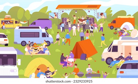 Open air festival. Outdoors stage music concert for summer events, tent camping audience public party dj rock fest outside performance fair festivals vector illustration of festival music outdoor