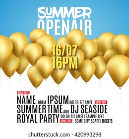 Open Air Festival Party Poster design. Flyer or poster template for Summer Open Air with golden balloons.