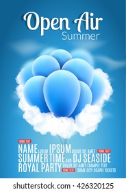 Open Air Festival Party Poster design. Flyer or poster template for Summer Open Air with red balloons.