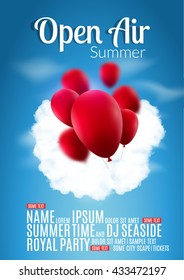 Open Air Festival Party Poster design. Flyer or poster template for Summer Open Air with red balloons.