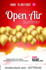Open Air Festival Party Poster design. Flyer or poster template for Summer Open Air with golden balloons.