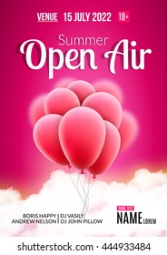 Open Air Festival Party Poster design. Flyer or poster template for Summer Open Air with red balloons.