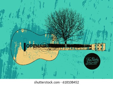 Open Air festival party typographic vintage style grunge poster design with guitar and tree. Retro vector illustration.