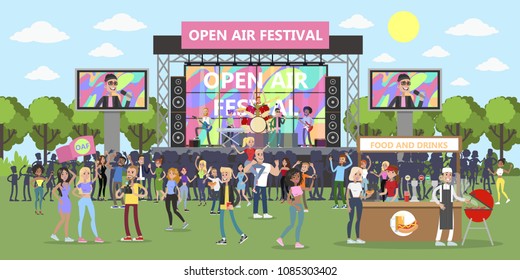 Open Air Festival With People And Musicians.